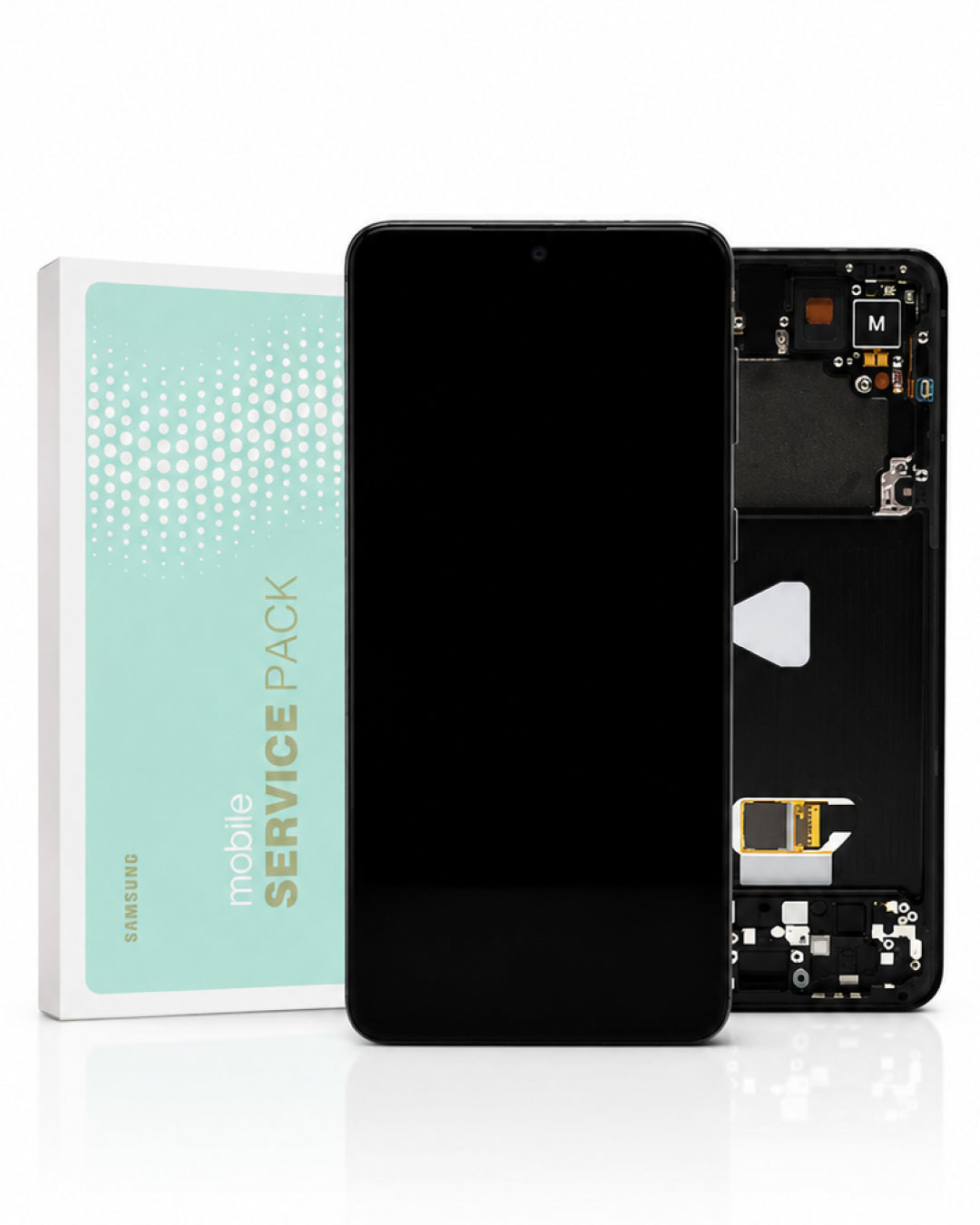Samsung mobile service pack kit showing a replacement phone front screen and back glass assembly next to its mint green and white packaging box.