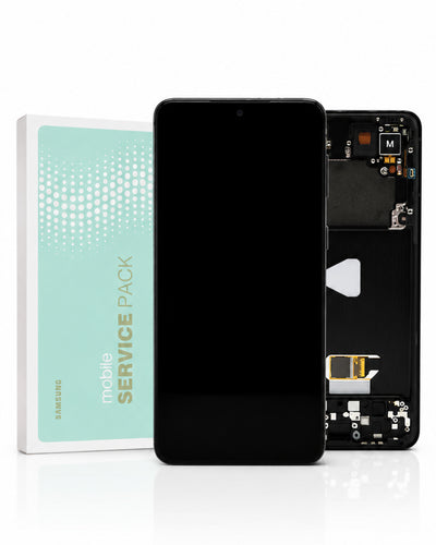 Samsung mobile service pack kit showing a replacement phone front screen and back glass assembly next to its mint green and white packaging box.