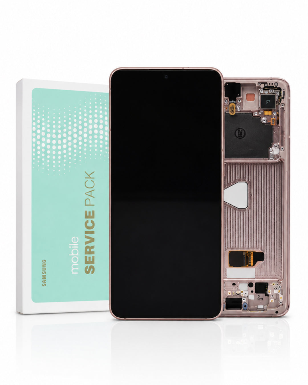 Samsung mobile service pack showing a replacement smartphone front screen with black display, next to the back glass and internal components of the phone, with the branded box on a white background.