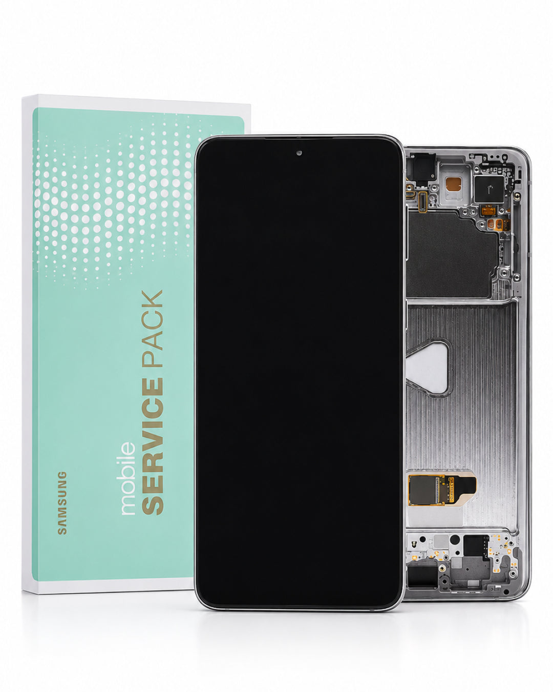 A replacement smartphone screen assembly shown with its packaging box. The front view of the black LCD panel is displayed next to the silver inner frame, with the mint green Samsung Service Pack box on the left.