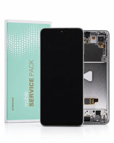 A replacement smartphone screen assembly shown with its packaging box. The front view of the black LCD panel is displayed next to the silver inner frame, with the mint green Samsung Service Pack box on the left.