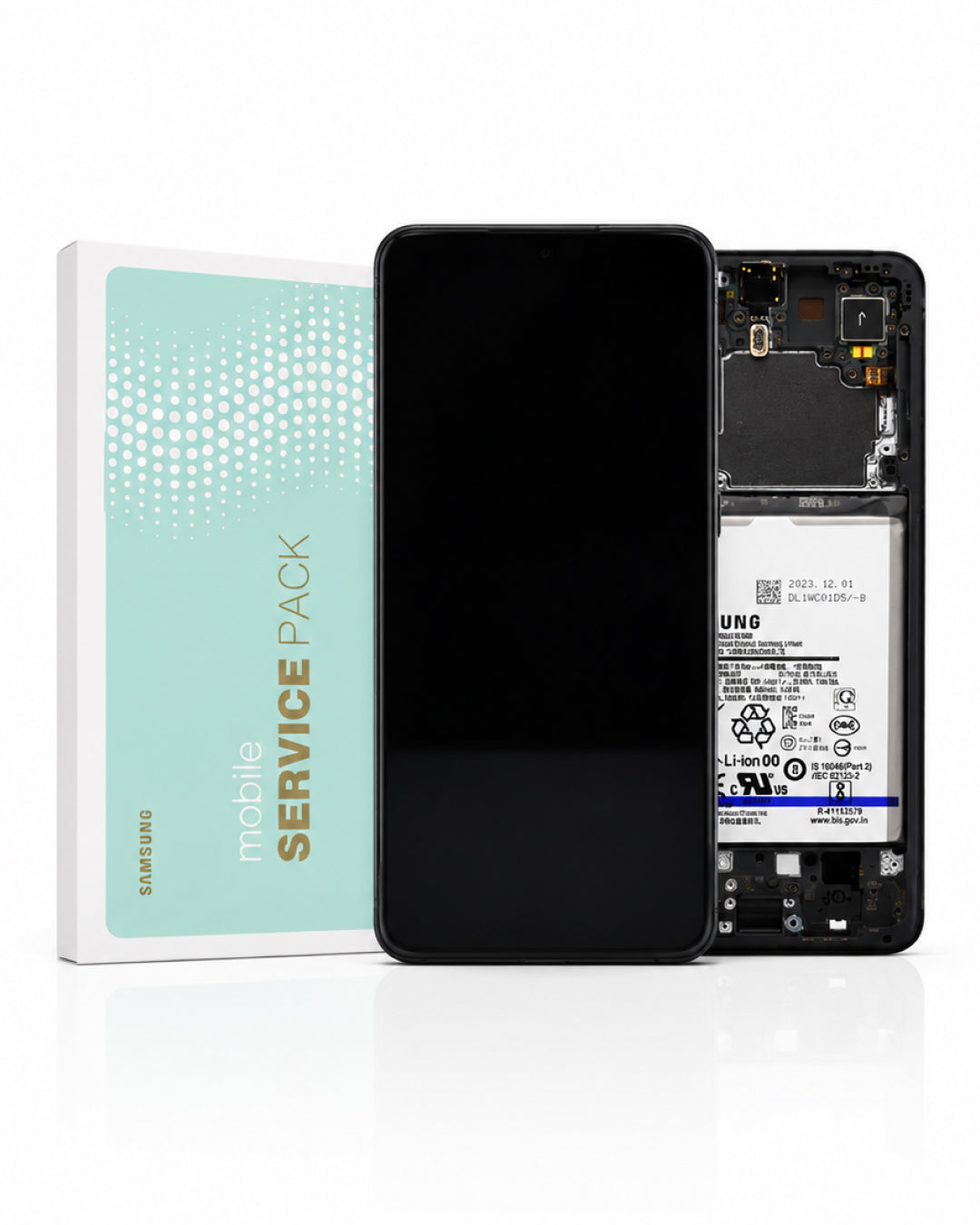 Samsung mobile service pack kit showing a black smartphone with a black front screen, the exposed internal battery and circuitry of the phone, and a mint green and white product box labeled 'mobile SERVICE PACK' and 'SAMSUNG'.