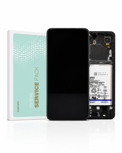 Samsung mobile service pack kit showing a black smartphone with a black front screen, the exposed internal battery and circuitry of the phone, and a mint green and white product box labeled 'mobile SERVICE PACK' and 'SAMSUNG'.