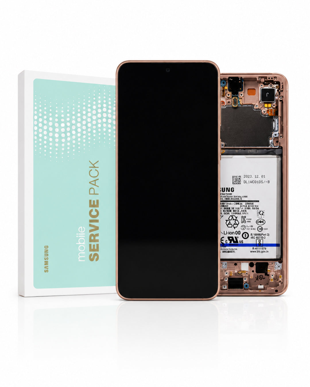 Samsung mobile service pack kit showing a black replacement screen panel, an open rose gold smartphone revealing the internal battery and circuitry, and the product box with a mint green and white design.