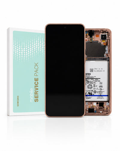 Samsung mobile service pack kit showing a black replacement screen panel, an open rose gold smartphone revealing the internal battery and circuitry, and the product box with a mint green and white design.