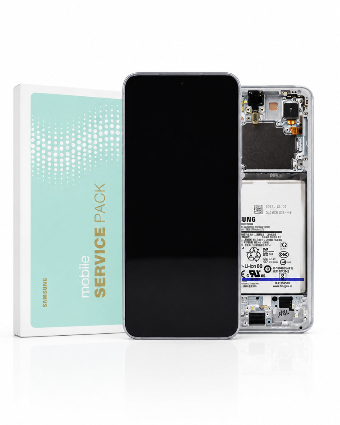 Samsung mobile service pack kit showing a black smartphone front, an open phone back with internal components exposed, and the branded retail box on a clean white background.