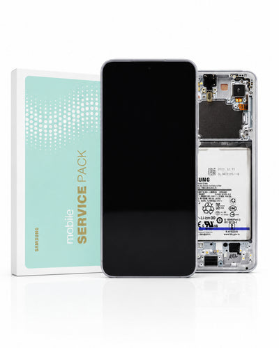 Samsung mobile service pack kit showing a black smartphone front, an open phone back with internal components exposed, and the branded retail box on a clean white background.