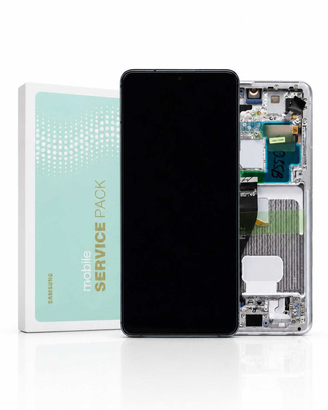 Samsung mobile service pack shown with a black smartphone front panel, a disassembled phone interior, and the product box on a clean white background.