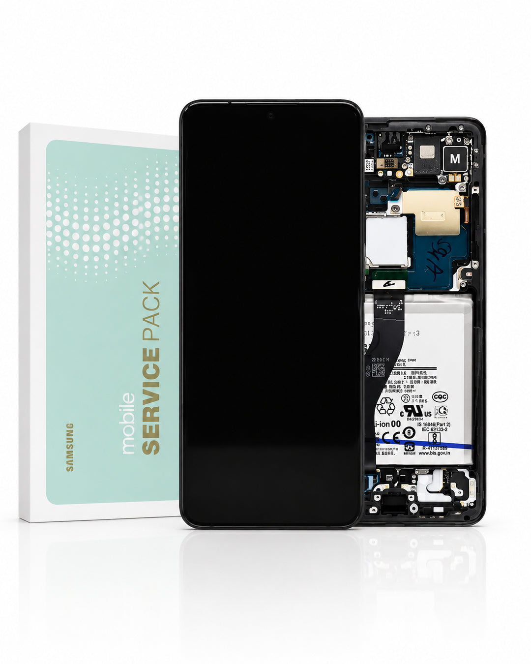 Samsung mobile service pack shown with a black smartphone front view, an exposed internal phone chassis revealing the battery and circuitry, and the product box labeled 'mobile SERVICE PACK' on a clean white background.
