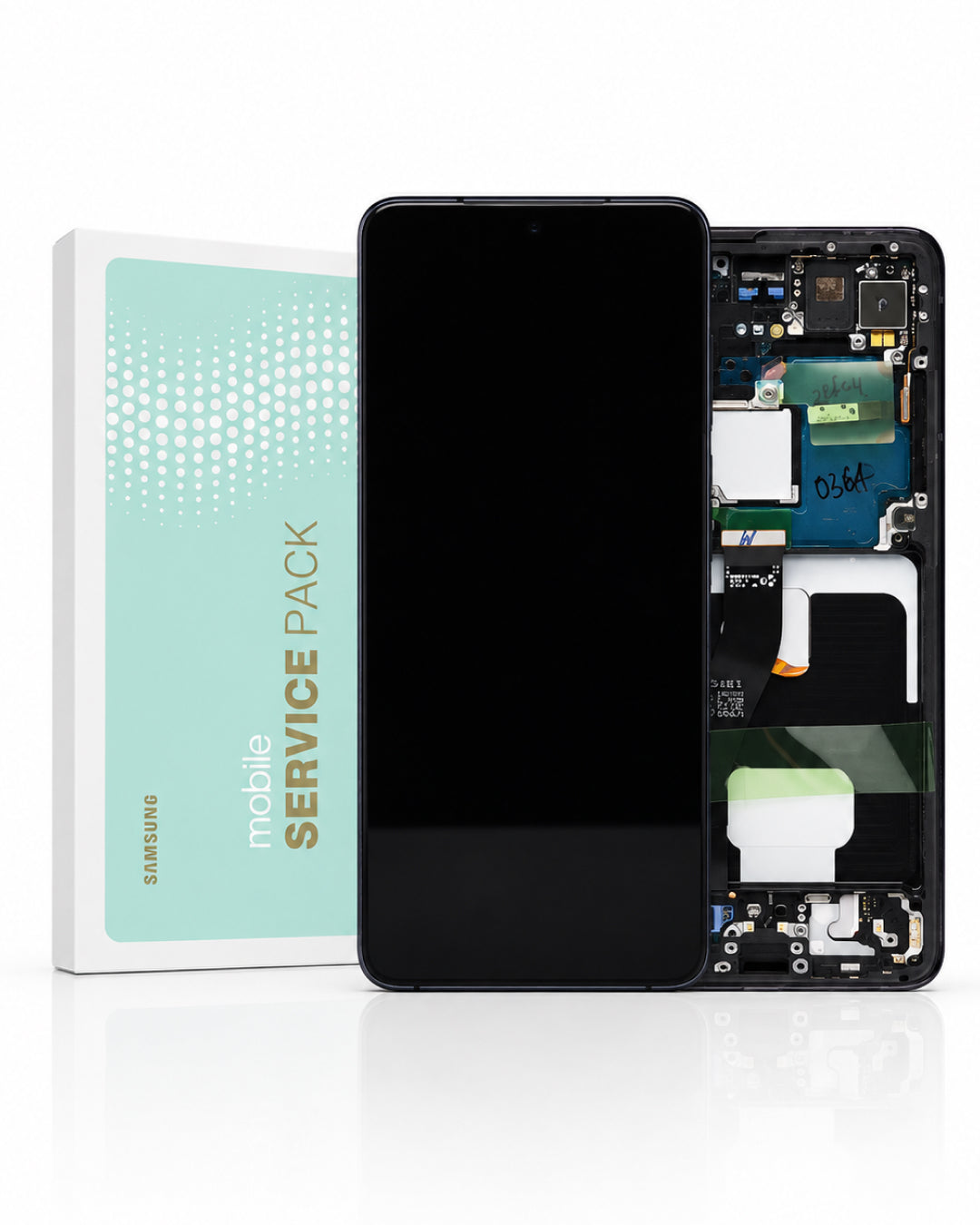 Samsung mobile service pack kit showing a black smartphone with its screen on alongside the open internal chassis of the same phone, next to a mint green and white Samsung-branded box labeled 'mobile SERVICE PACK'.