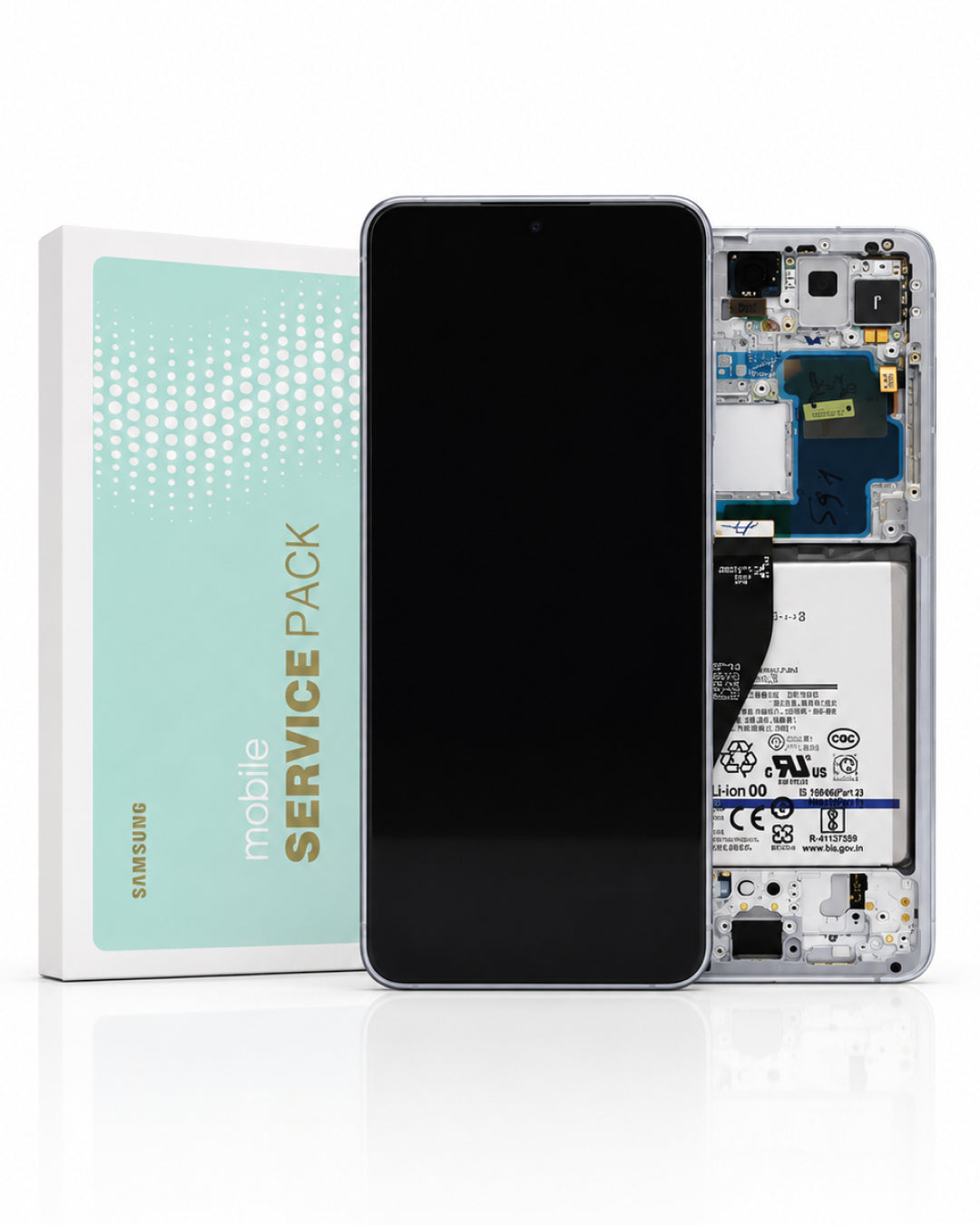 Samsung mobile service pack kit showing a black replacement screen in the center, with the phone's internal components exposed on the right and the product box on the left.