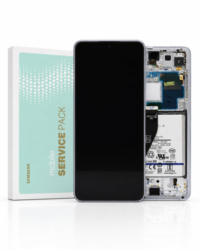 Samsung mobile service pack kit showing a black replacement screen in the center, with the phone's internal components exposed on the right and the product box on the left.