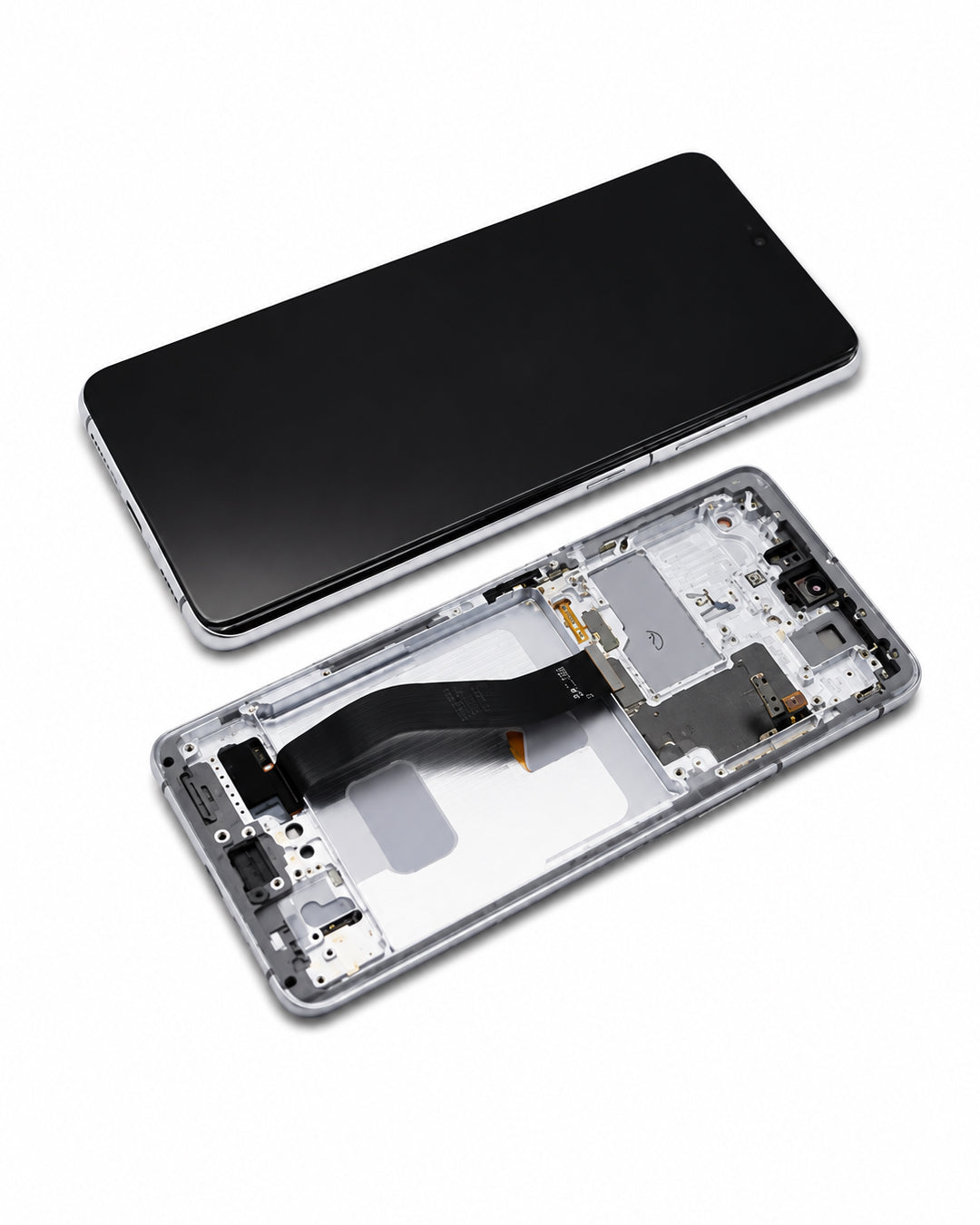 A smartphone shown disassembled on a white background, with the black front glass panel above and the exposed internal chassis below.