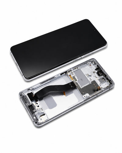 A smartphone shown disassembled on a white background, with the black front glass panel above and the exposed internal chassis below.