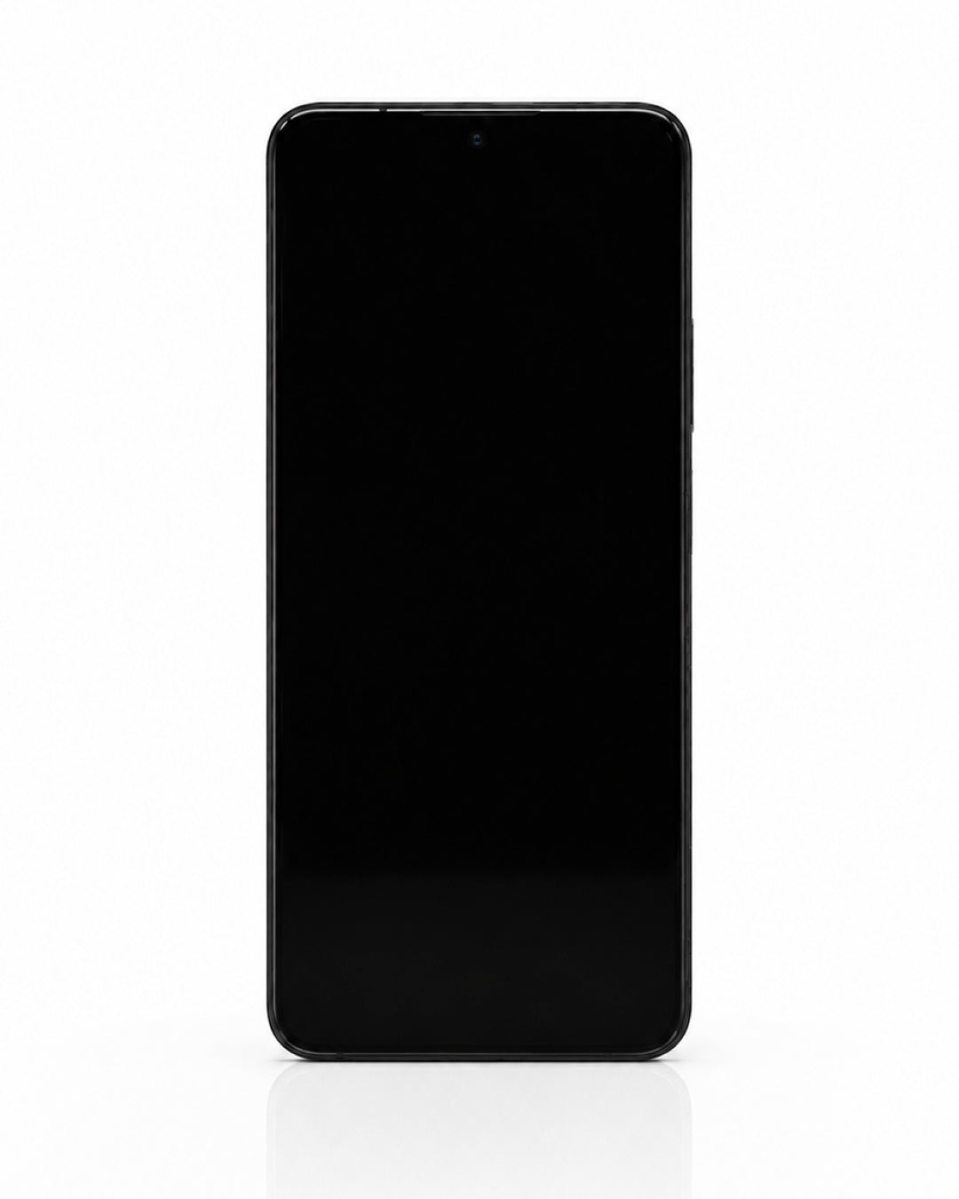 A black smartphone shown from the front on a clean white background, with its screen turned off.