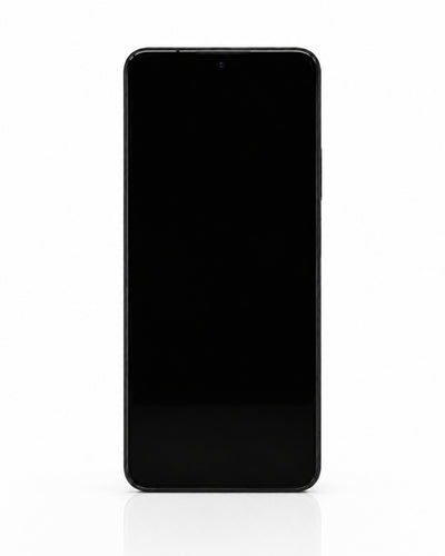 A black smartphone shown from the front on a clean white background, with its screen turned off.