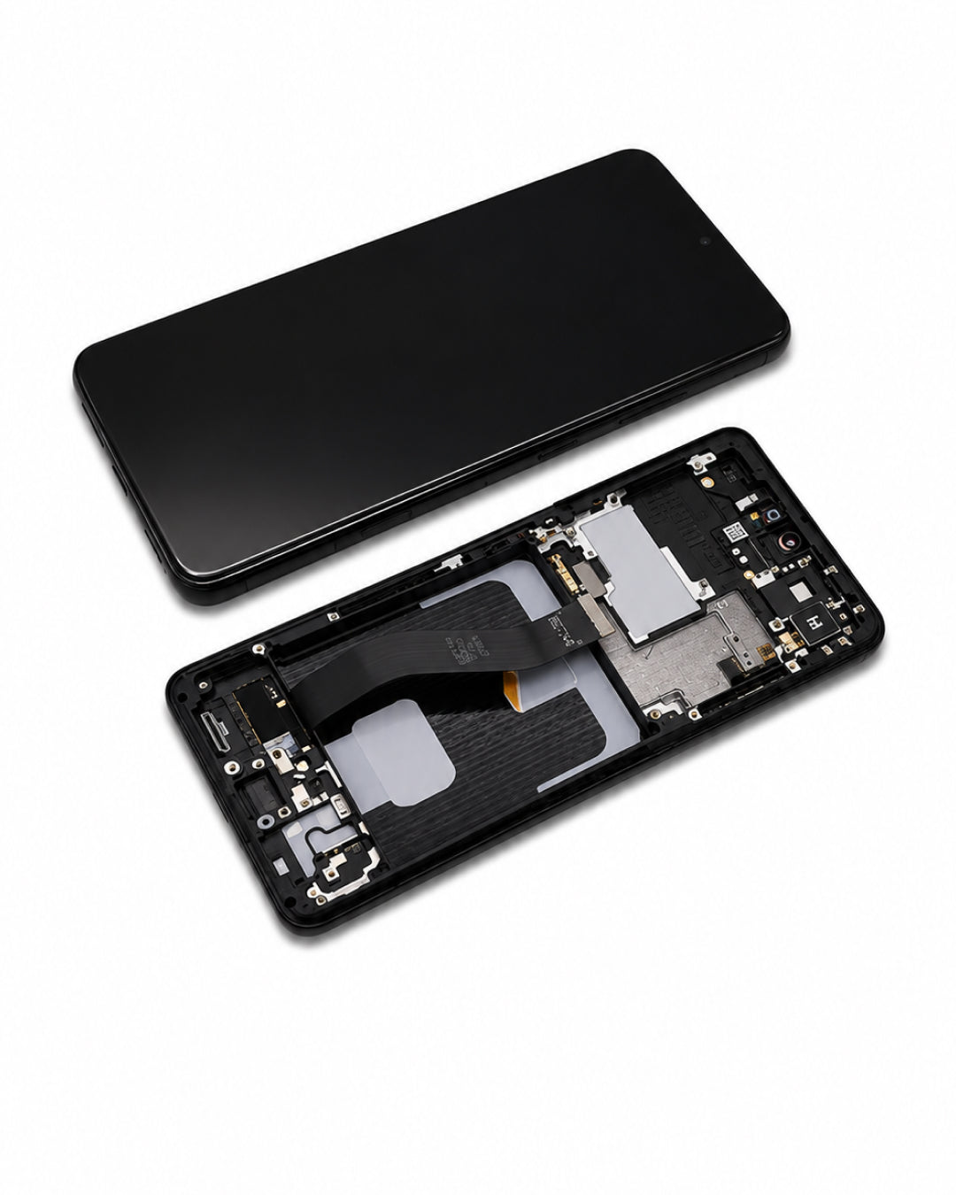 A replacement smartphone front glass panel and its corresponding internal frame assembly, shown on a clean white background.