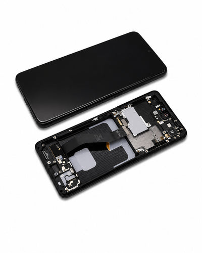 A replacement smartphone front glass panel and its corresponding internal frame assembly, shown on a clean white background.
