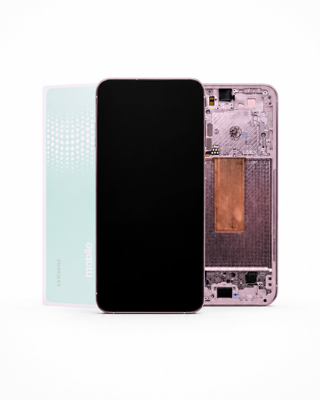 Samsung Galaxy S24 Ultra smartphone shown disassembled on a white background, displaying the black front screen, the light pink outer back cover, and the internal pink chassis with copper heat sink.