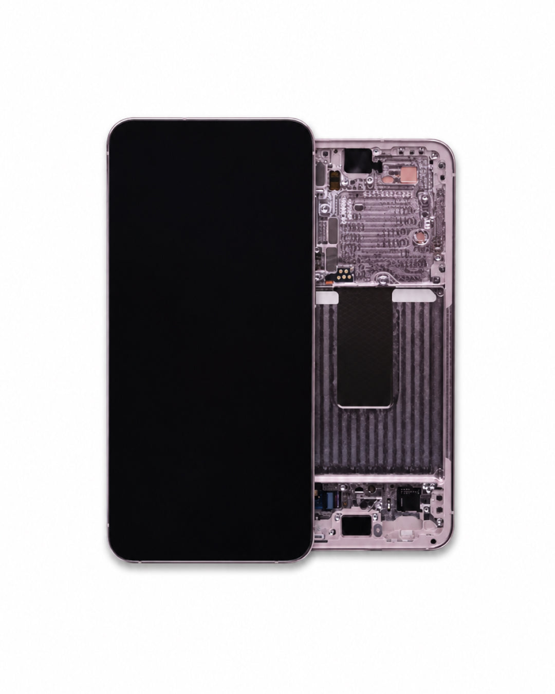 A replacement smartphone front glass display panel shown next to its matching back frame assembly, which reveals the internal circuitry and ribbon cable connectors, set against a plain white background.