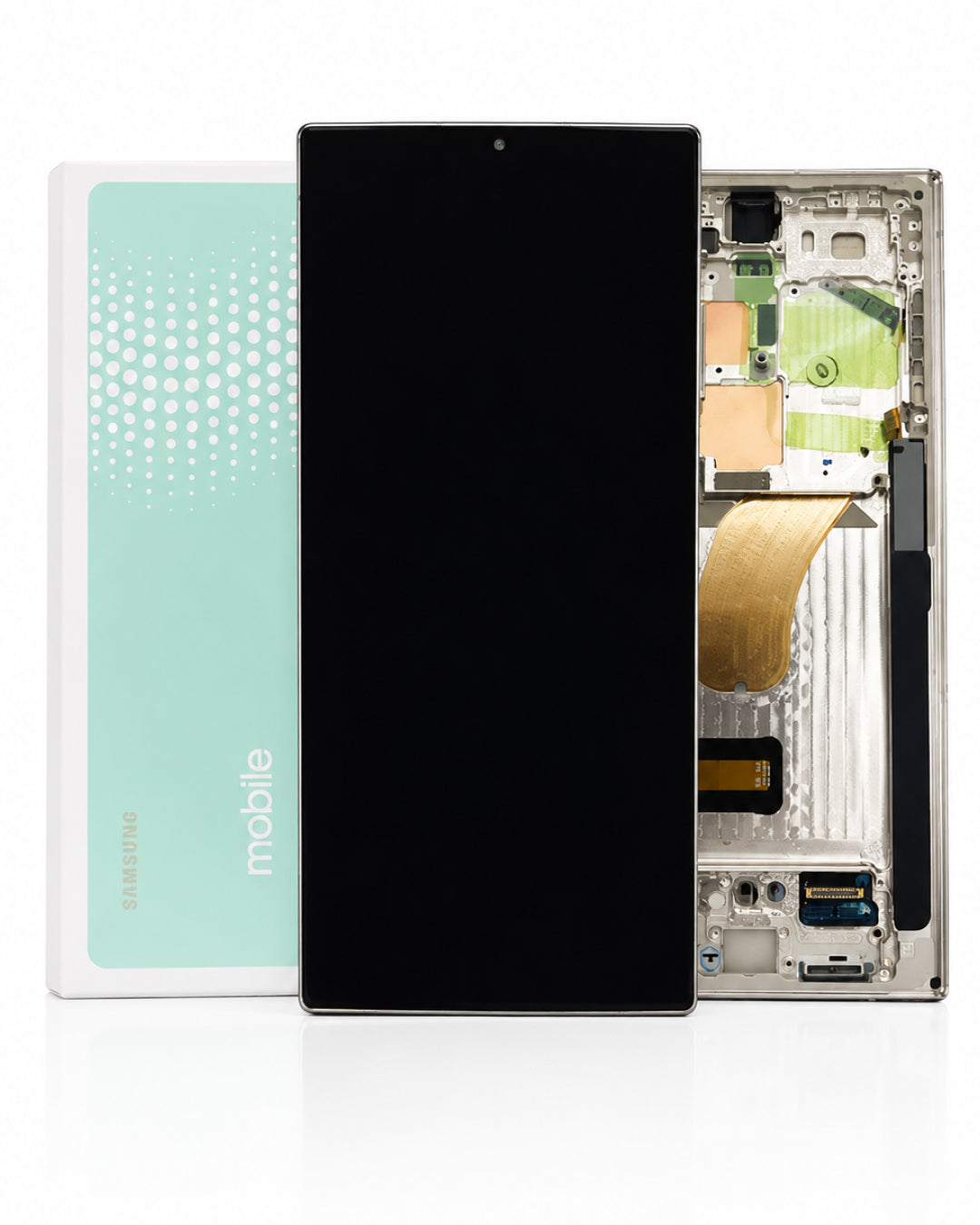 A replacement front glass display panel for a Samsung smartphone, shown alongside its mint green and white packaging box and the inner metal frame with electronic components.