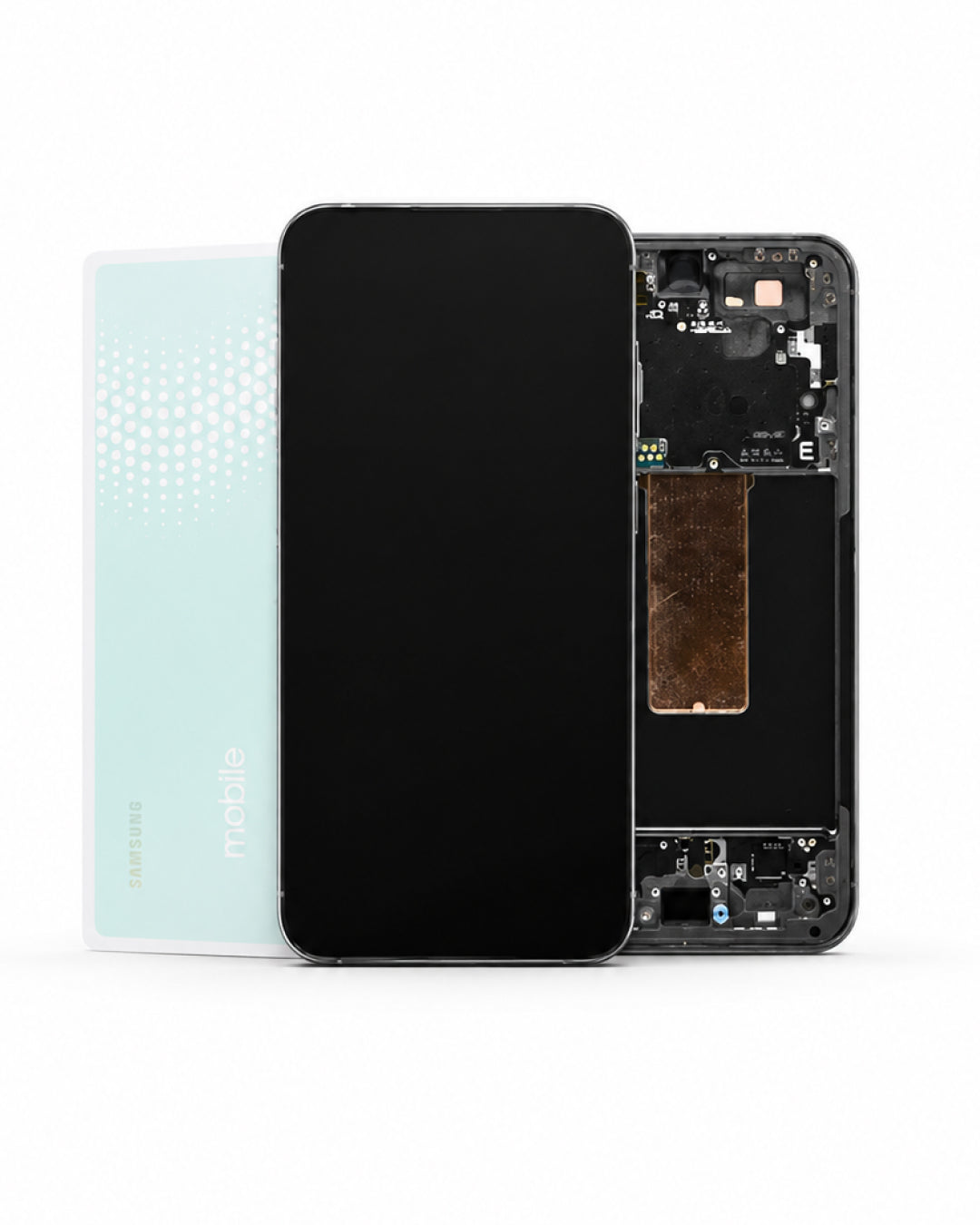 A Samsung Galaxy smartphone shown disassembled on a white background, with the front glass panel in the center, the inner chassis and circuitry visible on the right, and a light blue replacement back panel on the left. The brand 'mobile' is printed on the back panel.