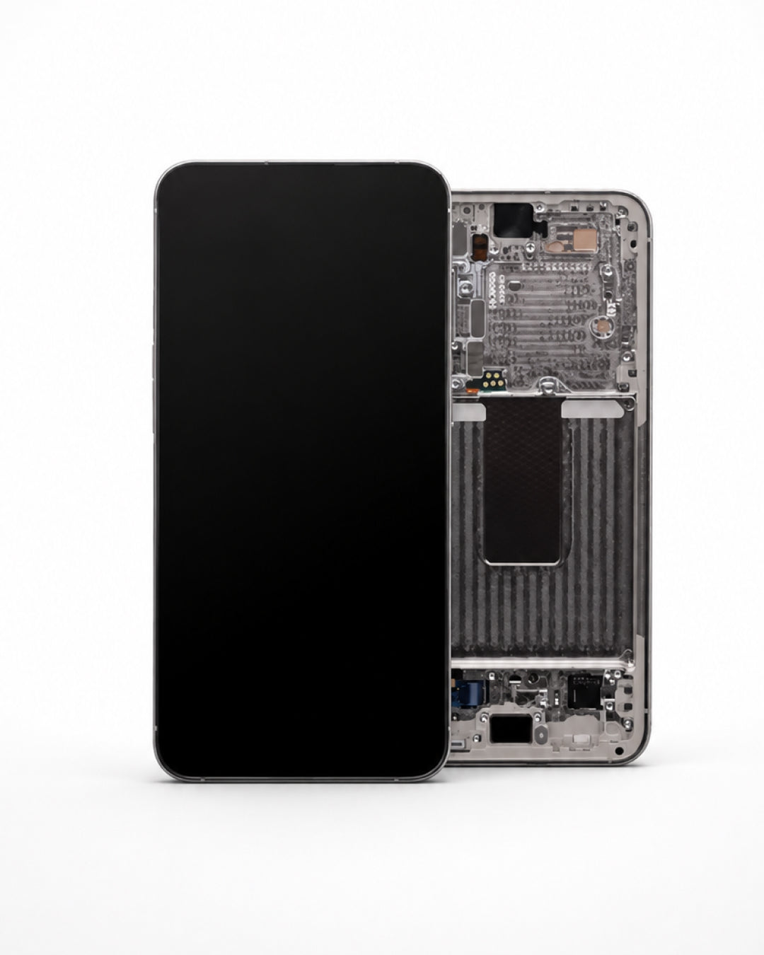 A smartphone shown front and back on a clean white studio background. The front view shows a black screen, and the back view shows the exposed internal components and metallic frame of the phone.