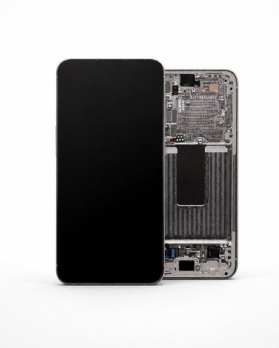 A smartphone shown front and back on a clean white studio background. The front view shows a black screen, and the back view shows the exposed internal components and metallic frame of the phone.