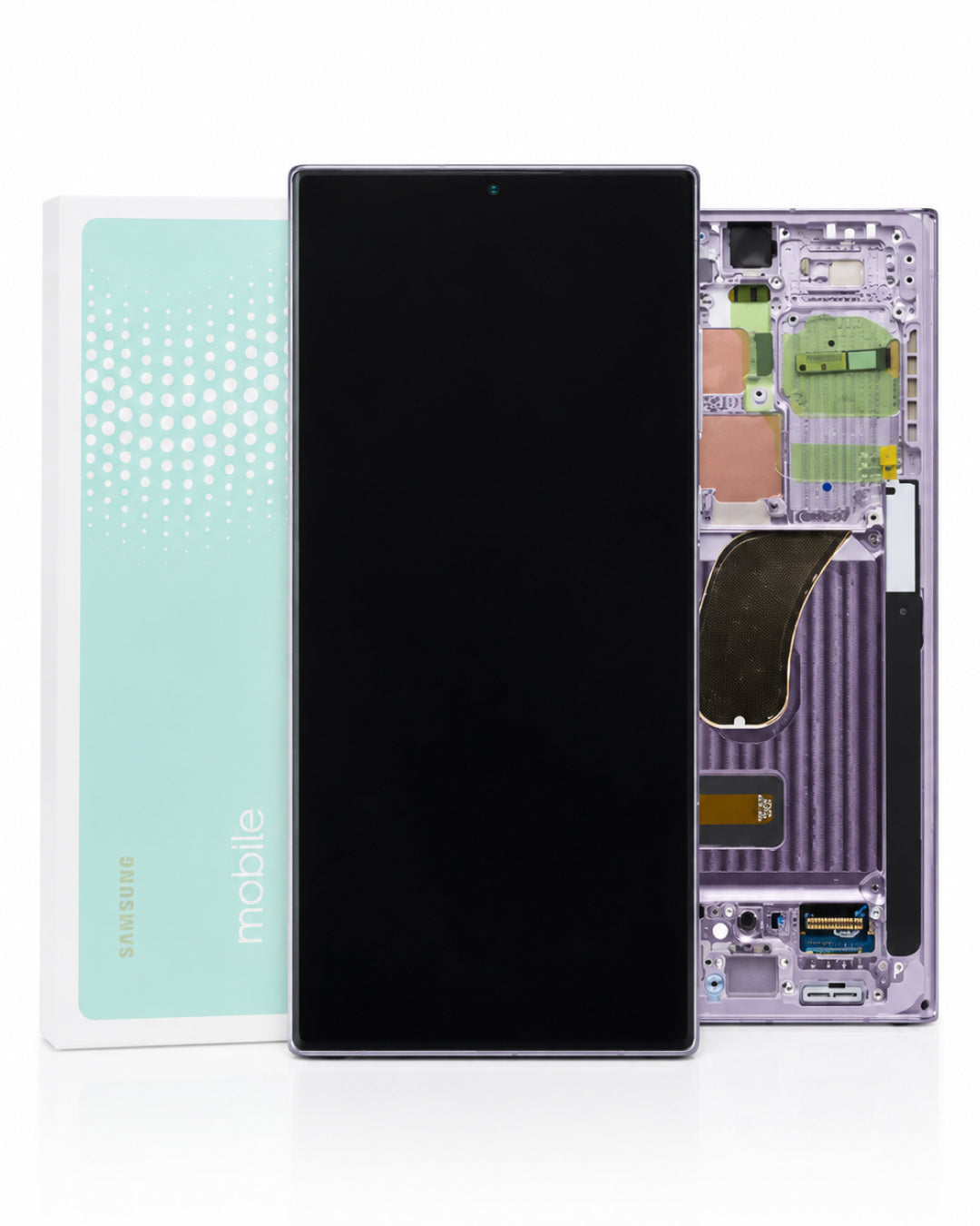 A replacement smartphone display panel and frame assembly shown on a white background, alongside its light blue Samsung Mobile packaging box and the internal chassis view.