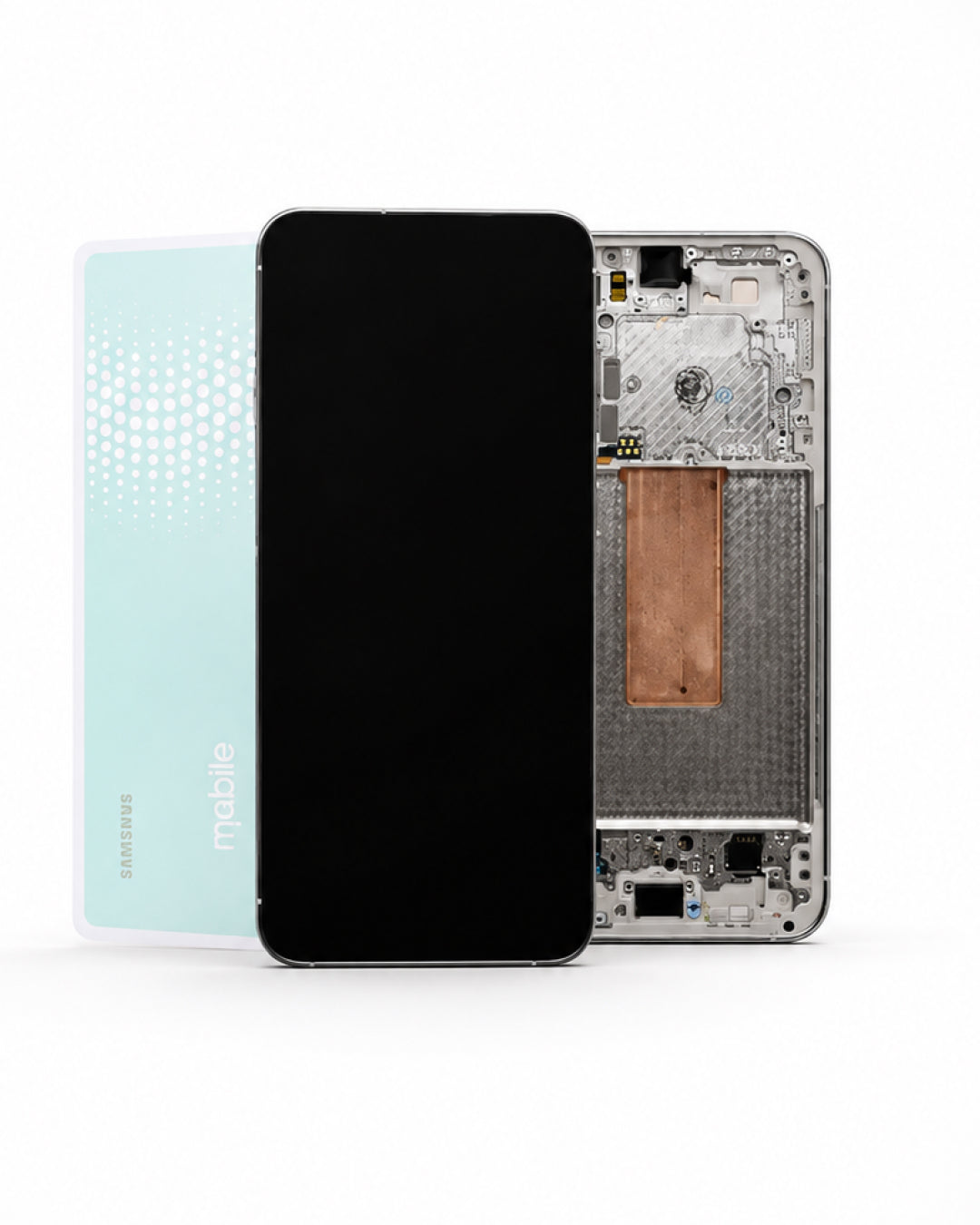 A Samsung Galaxy S24 repair kit showing a replacement front glass screen, a light blue protective cover, and the exposed internal backplate of the phone on a white background.