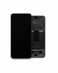 A replacement smartphone front screen glass panel shown next to its corresponding black internal frame and circuitry on a clean white background.