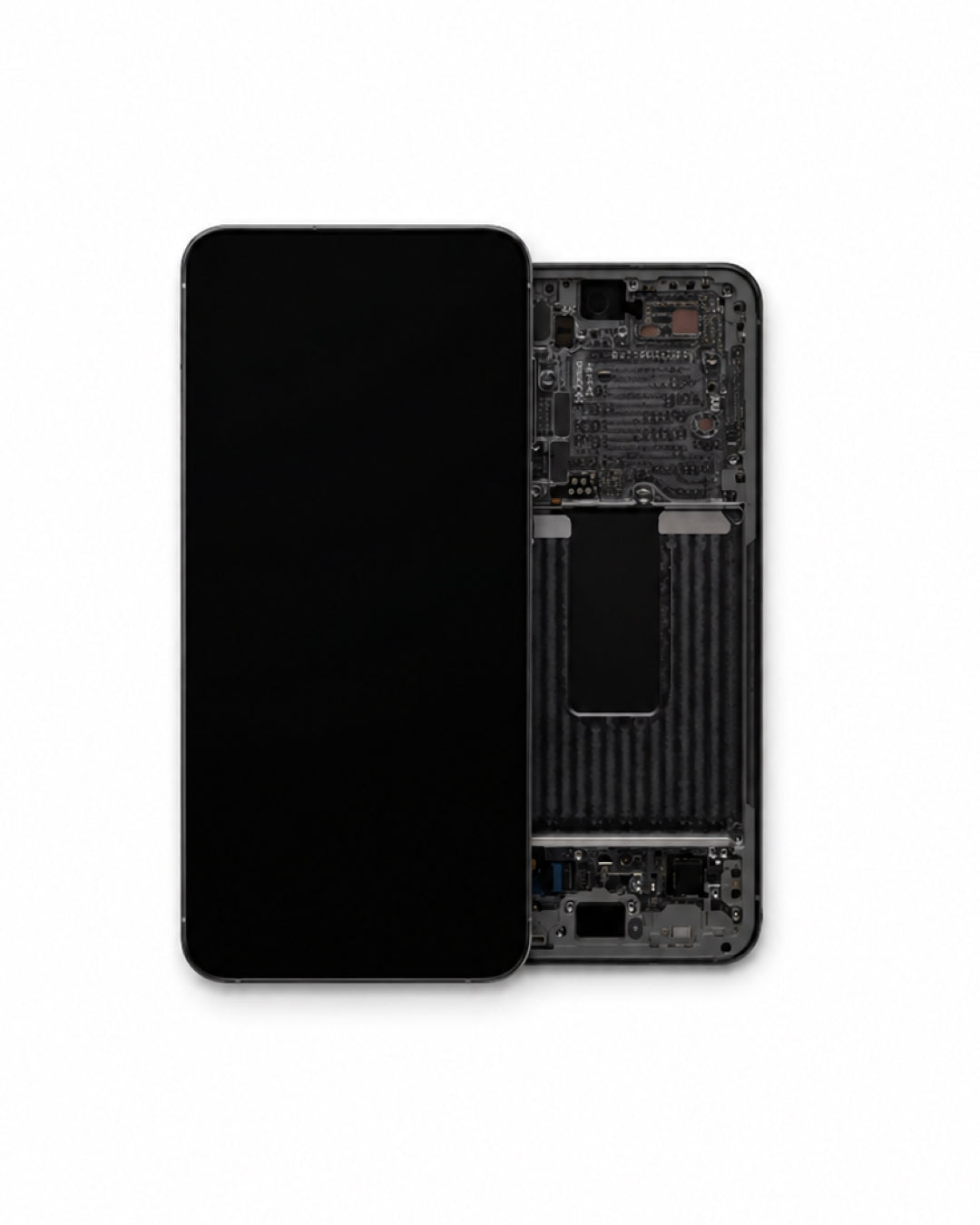 A replacement smartphone front screen glass panel shown next to its corresponding black internal frame and circuitry on a clean white background.