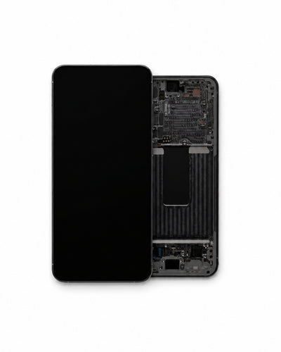 A replacement smartphone front screen glass panel shown next to its corresponding black internal frame and circuitry on a clean white background.