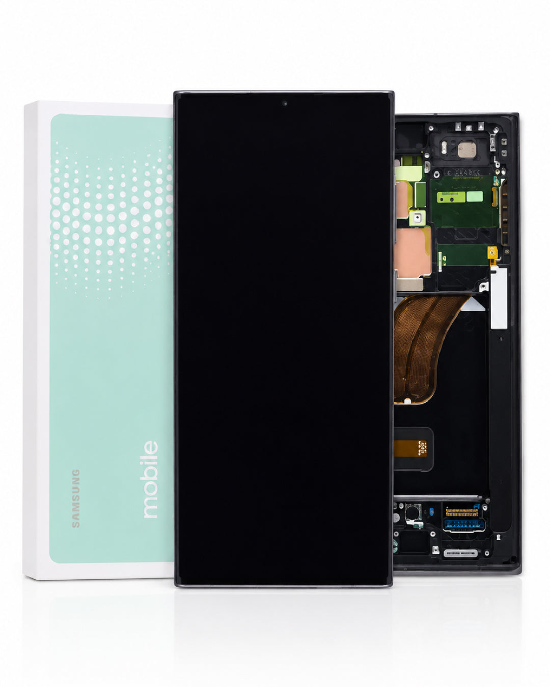 A replacement smartphone front display panel with its black screen facing forward, shown alongside the open internal back of the same panel and the product box. The box is white with a mint green dotted pattern and the word 'mobile' printed vertically; 'SAMSUNG' is visible on the internal panel components.