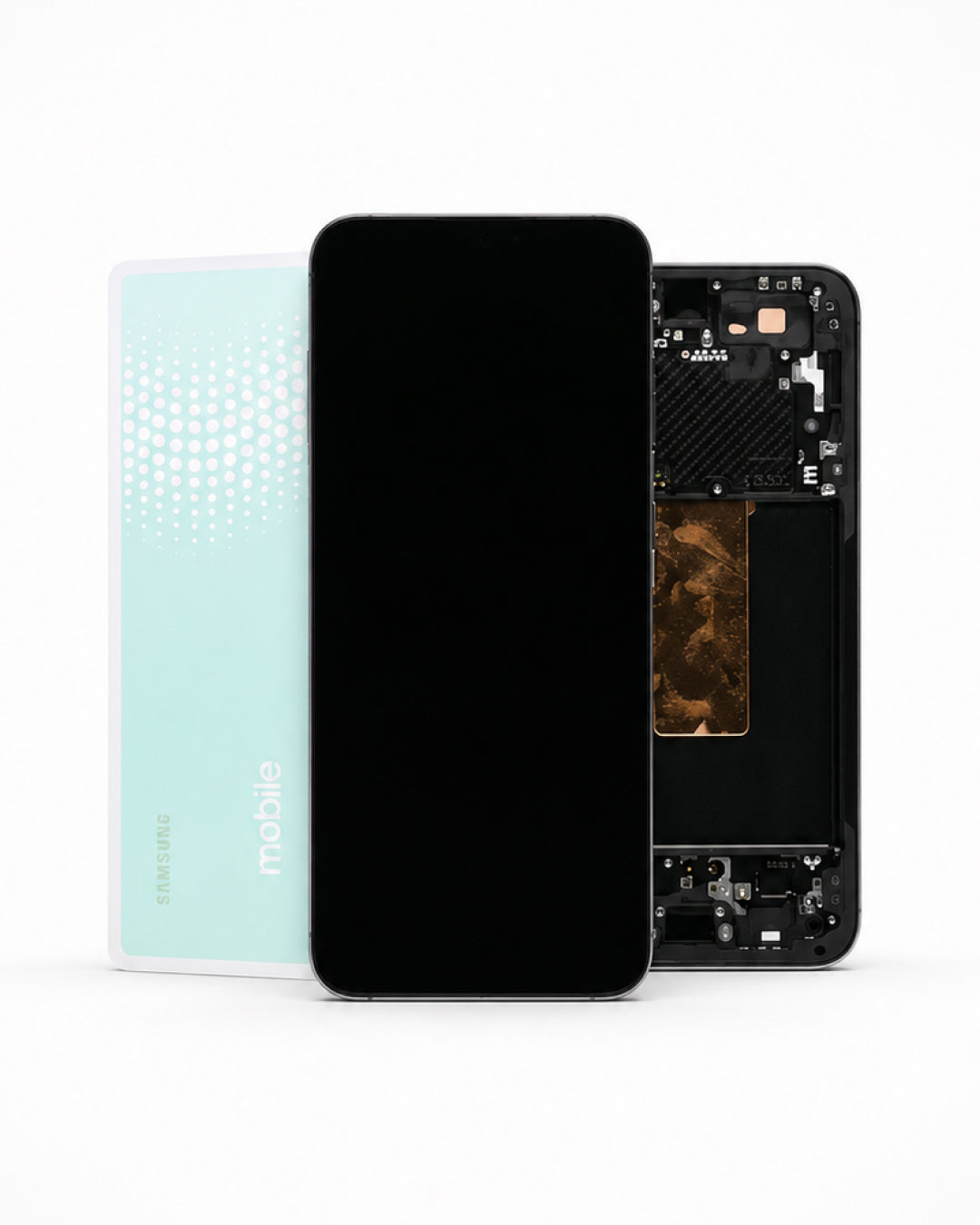 A replacement smartphone screen assembly shown with the front black glass panel in front, alongside the back of a Samsung Galaxy smartphone in mint green and the exposed internal frame of another phone showing the circuit board and RF area.