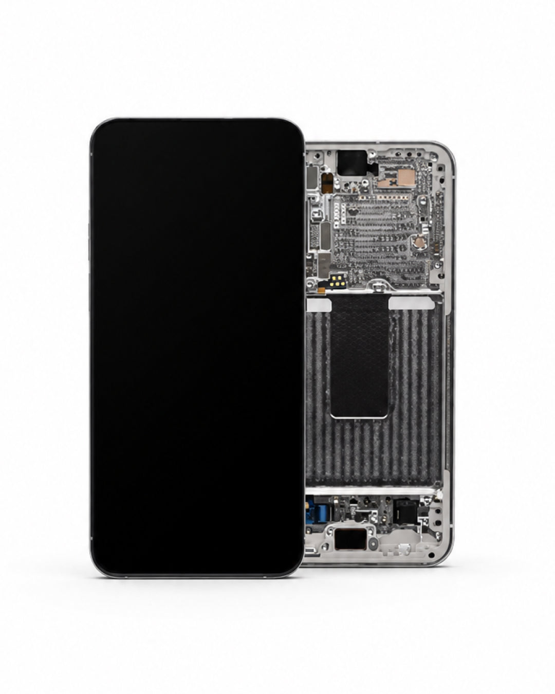 A replacement smartphone front glass panel with a black screen is shown next to the exposed internal back of a silver smartphone to demonstrate fit and alignment, on a clean white background.
