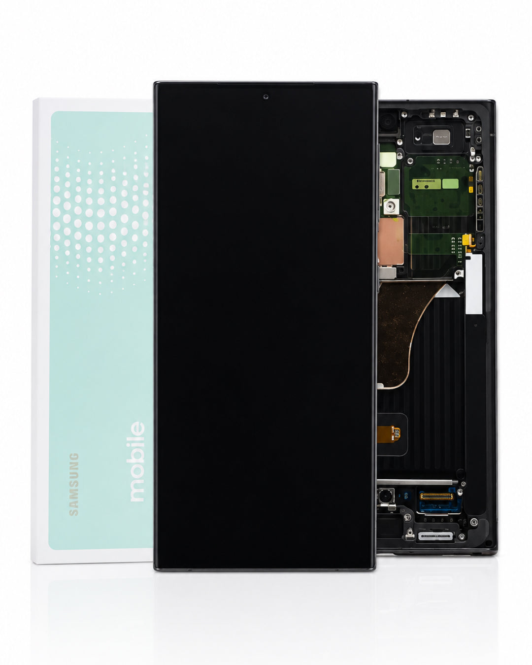 A replacement LCD screen and touch panel assembly for a Samsung mobile phone, shown with the black front panel in the center, the internal circuitry on the right, and the original white and mint green Samsung box on the left.