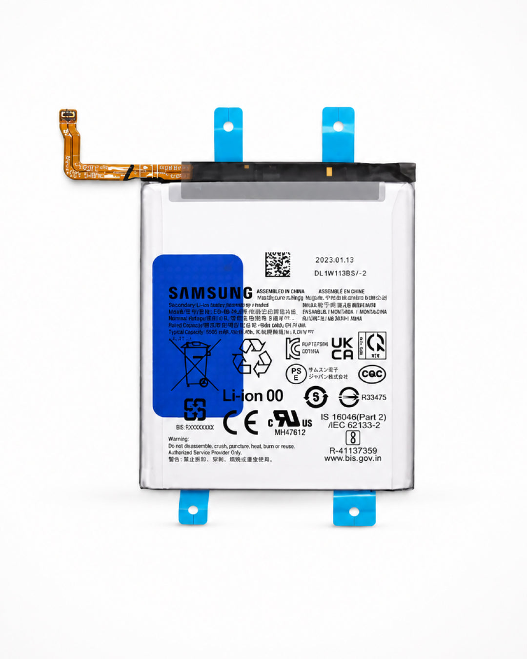 Samsung replacement lithium-ion battery with a black casing, a blue brand label, and a flexible circuit board connector on the left, secured with blue zip ties against a white background.