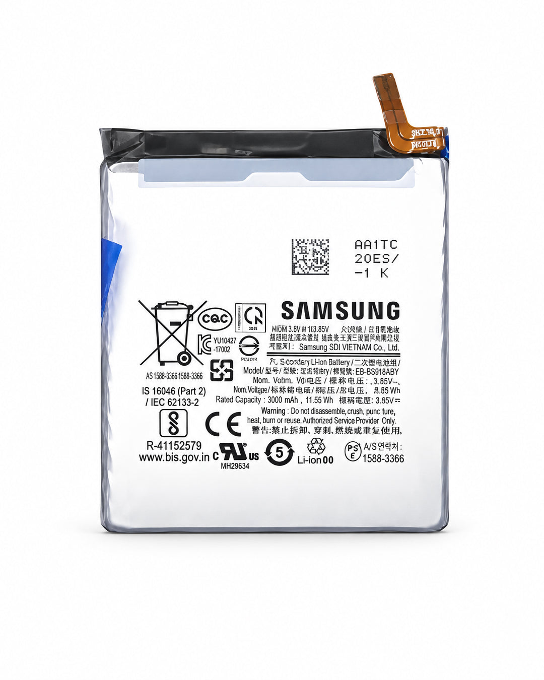 A Samsung AA1TE 20ES -1K replacement battery with a white printed label, black plastic casing, and a gold-colored connector tab, shown against a plain white background.