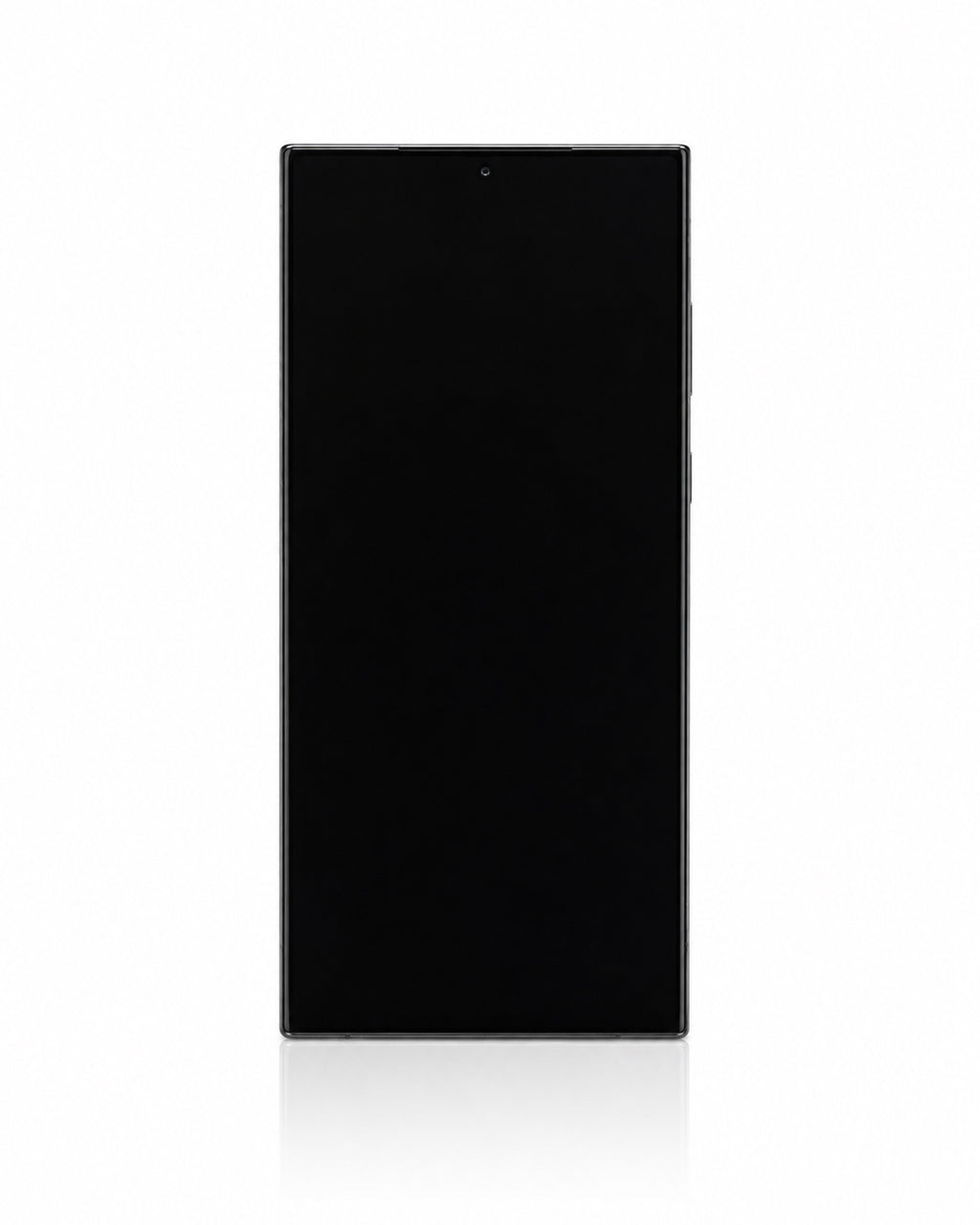 A black smartphone shown from the front on a clean white background with a subtle reflection below.