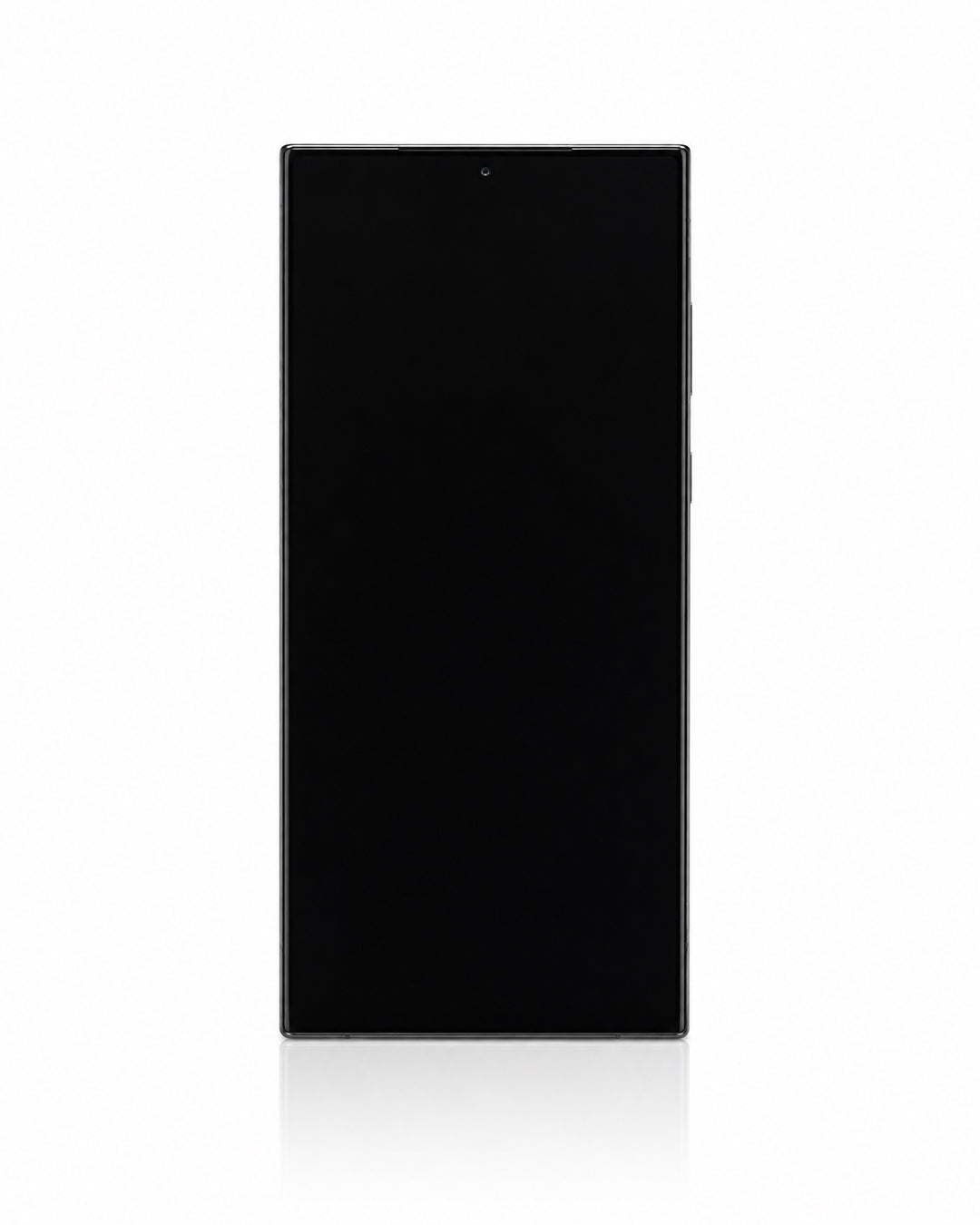 A black smartphone shown from the front on a clean white background with a subtle reflection below.