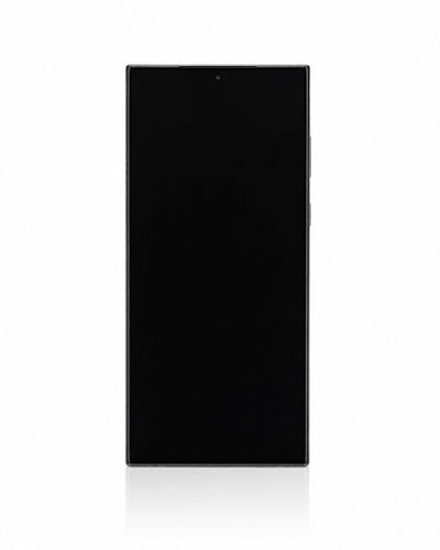 A black smartphone shown from the front on a clean white background with a subtle reflection below.