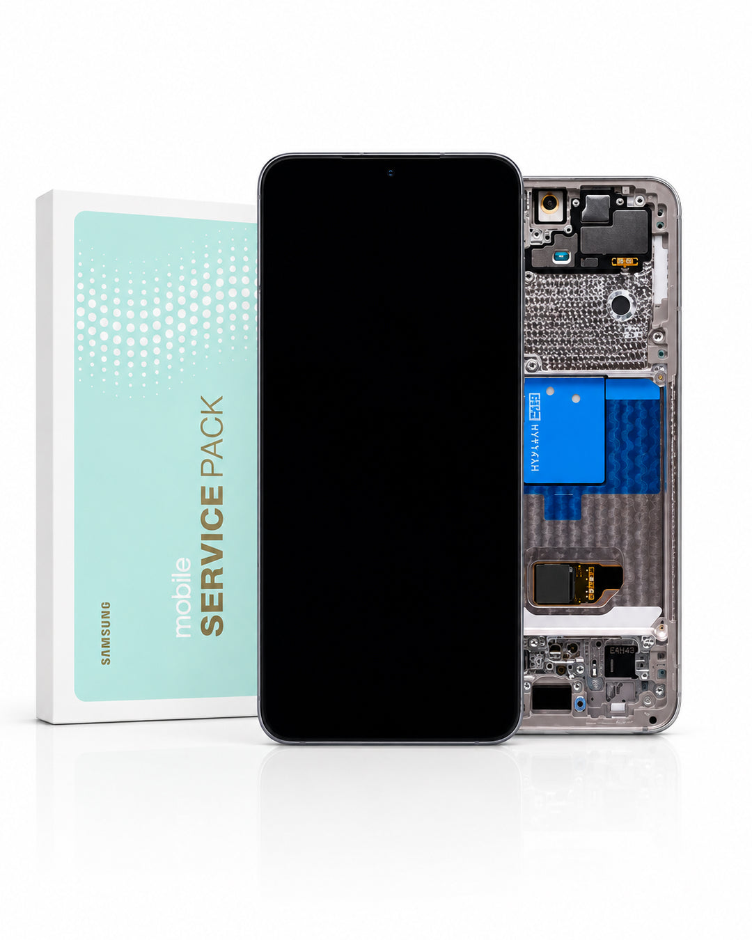 Samsung mobile service pack kit showing a black replacement front screen, the exposed internal backplate of a smartphone, and the branded retail box on a clean white background.