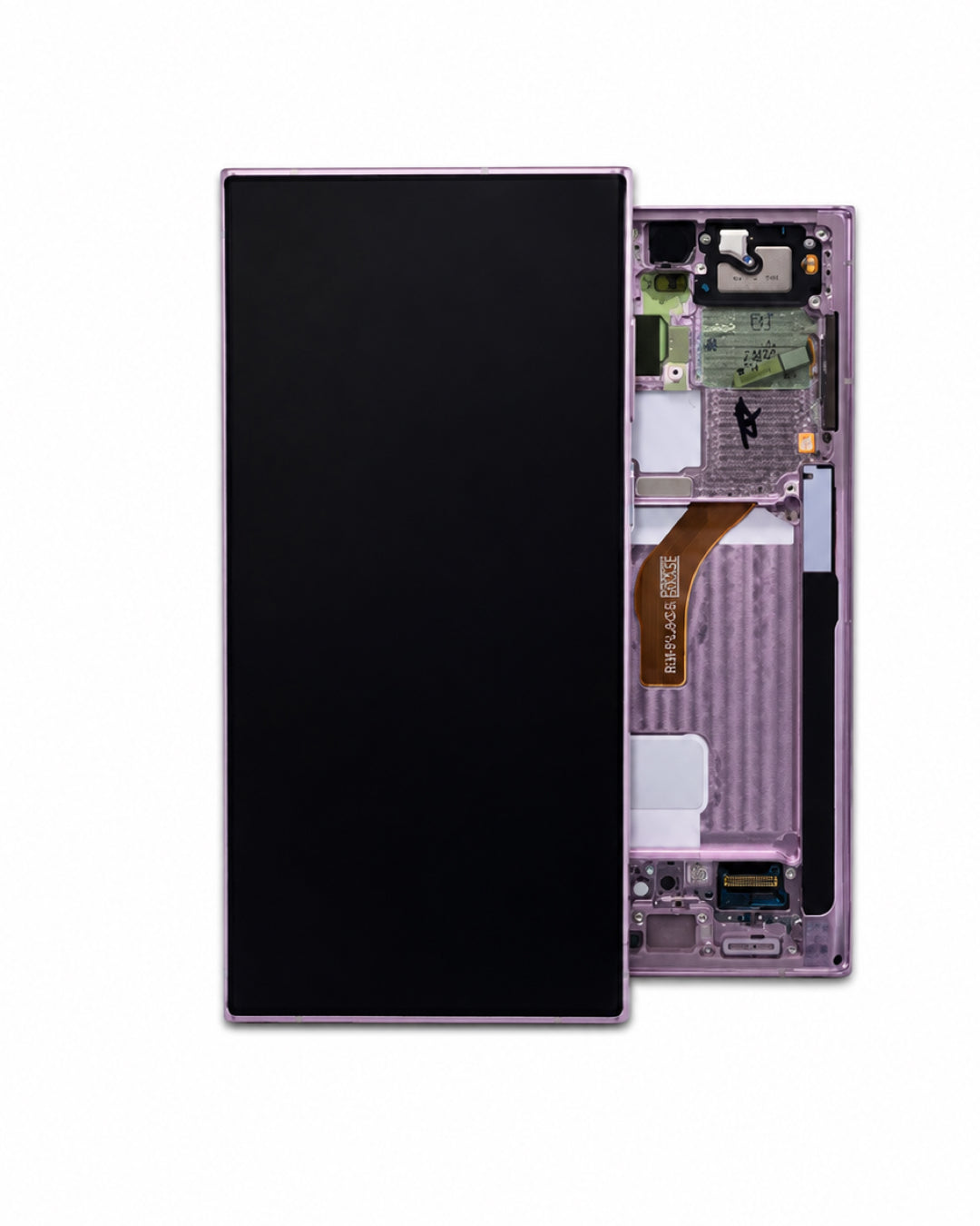 A replacement smartphone display screen and frame assembly, showing the black front panel alongside the light purple internal chassis with electronic components.