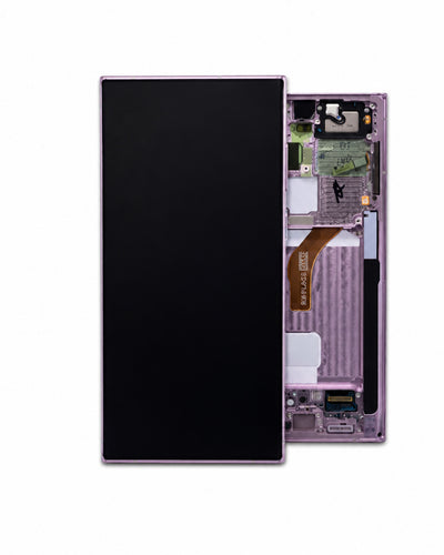 A replacement smartphone display screen and frame assembly, showing the black front panel alongside the light purple internal chassis with electronic components.