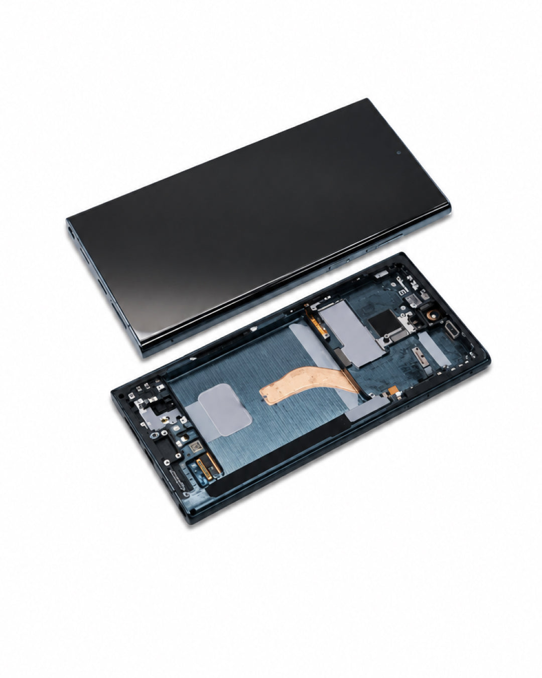 A smartphone shown disassembled on a white background, with the black front cover placed above the exposed internal components and motherboard.