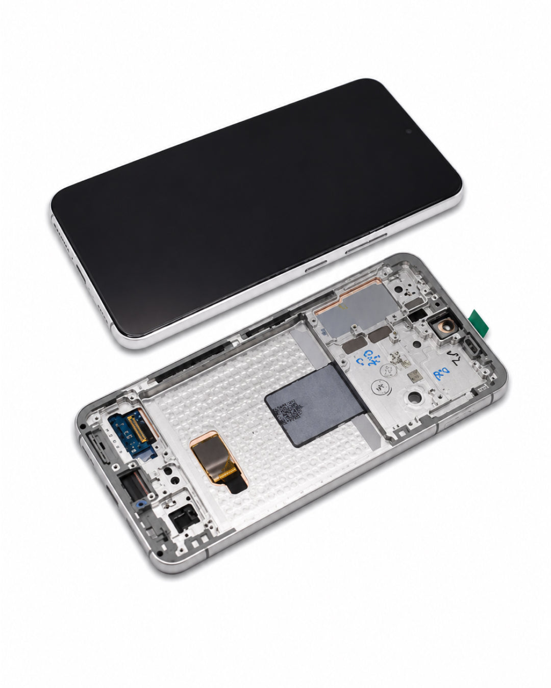 A smartphone replacement part set showing the front glass screen panel and the silver metallic back plate with internal components, photographed on a clean white background.