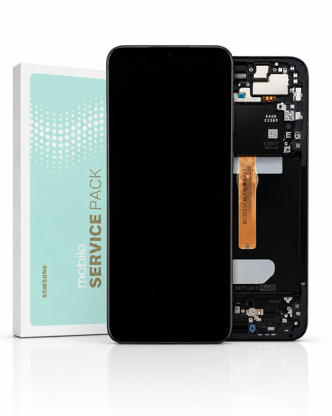 A Samsung mobile service pack kit showing a replacement front glass screen panel, its black back side with internal components, and the original packaging box on a white reflective surface.