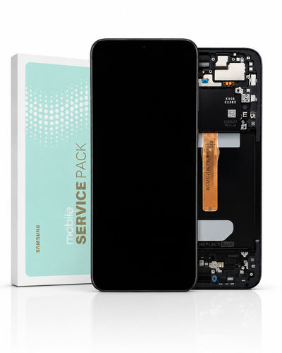 A Samsung mobile service pack kit showing a replacement front glass screen panel, its black back side with internal components, and the original packaging box on a white reflective surface.
