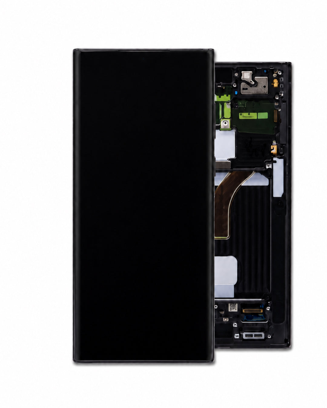 A replacement smartphone front display panel with its black screen glass cover shown alongside the exposed internal frame and circuitry.